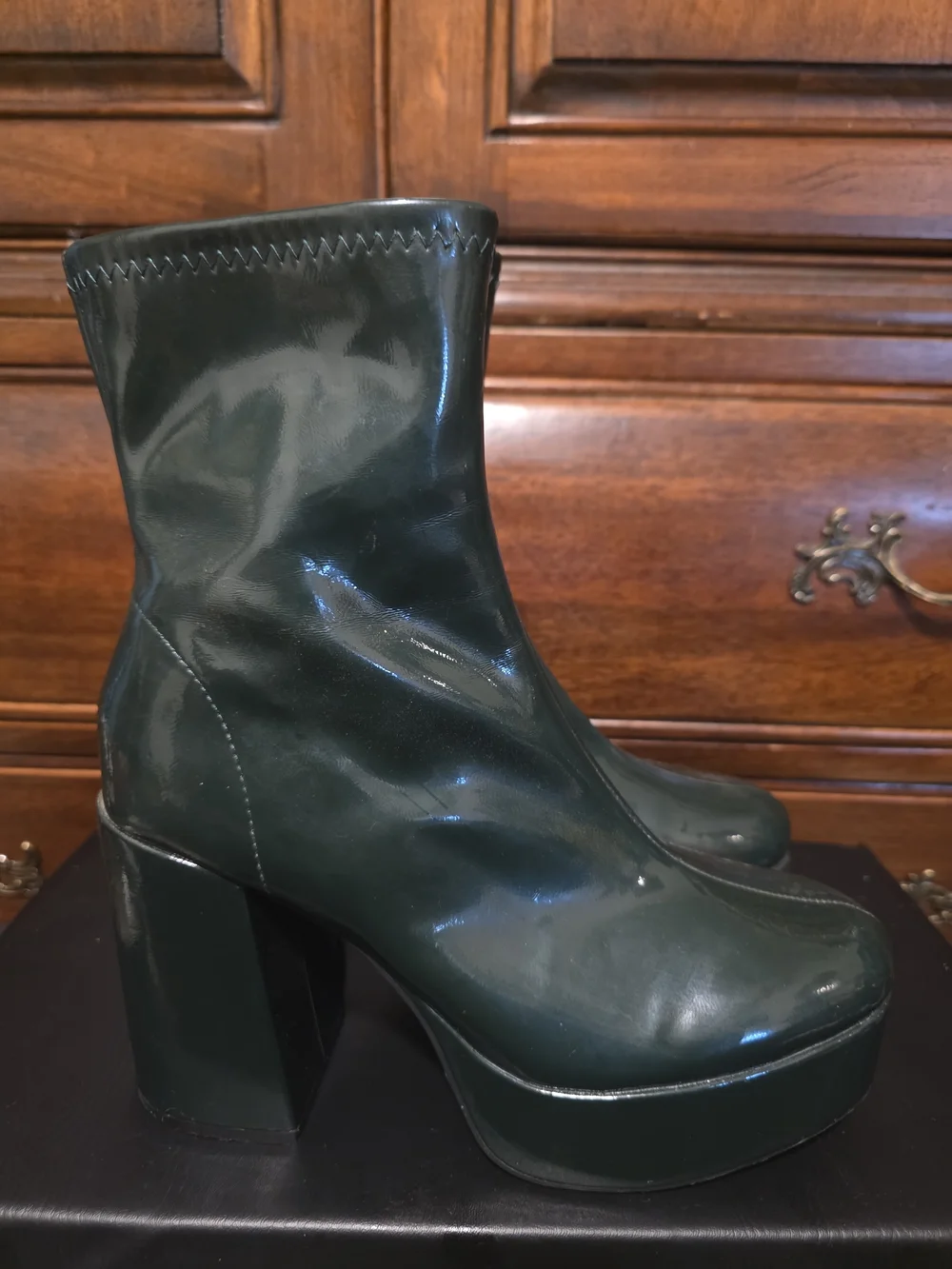 Dark Green Patent Platform Ankle Boots - Women's